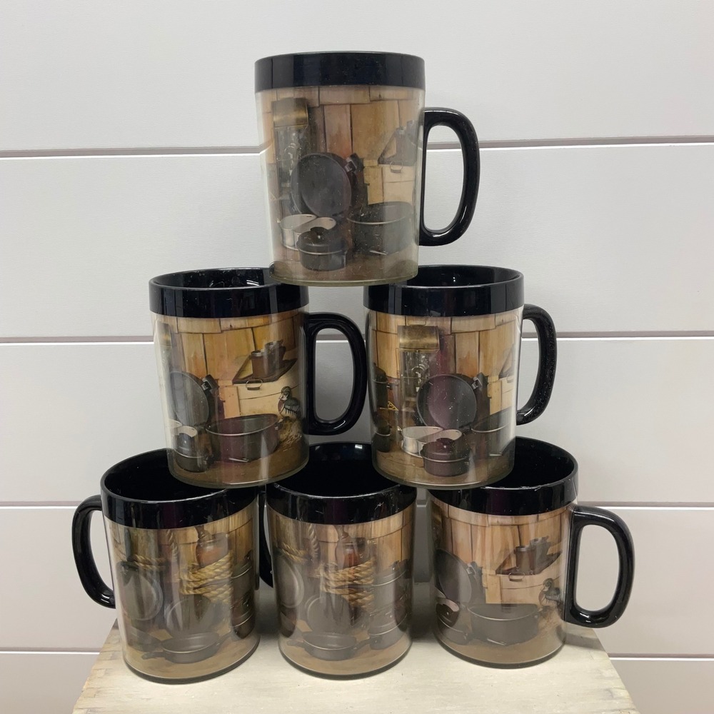 Vintage Thermo-Serv West Bend Insulated Mugs Set of 6 Rustic Cast Iron Scene USA